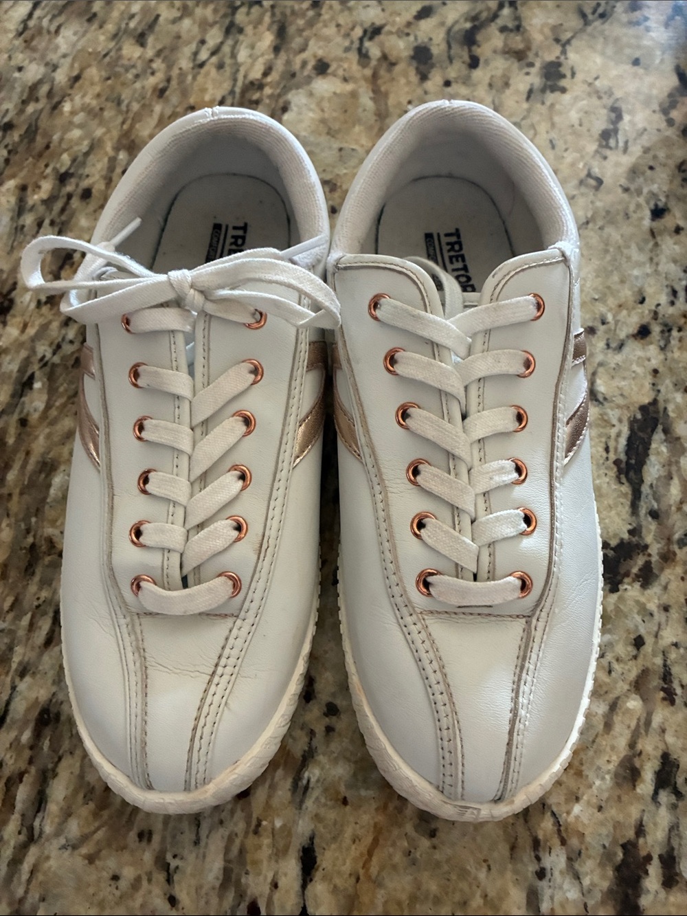 Tretorn White Sneakers with Rose Gold Eyelets and Stripes